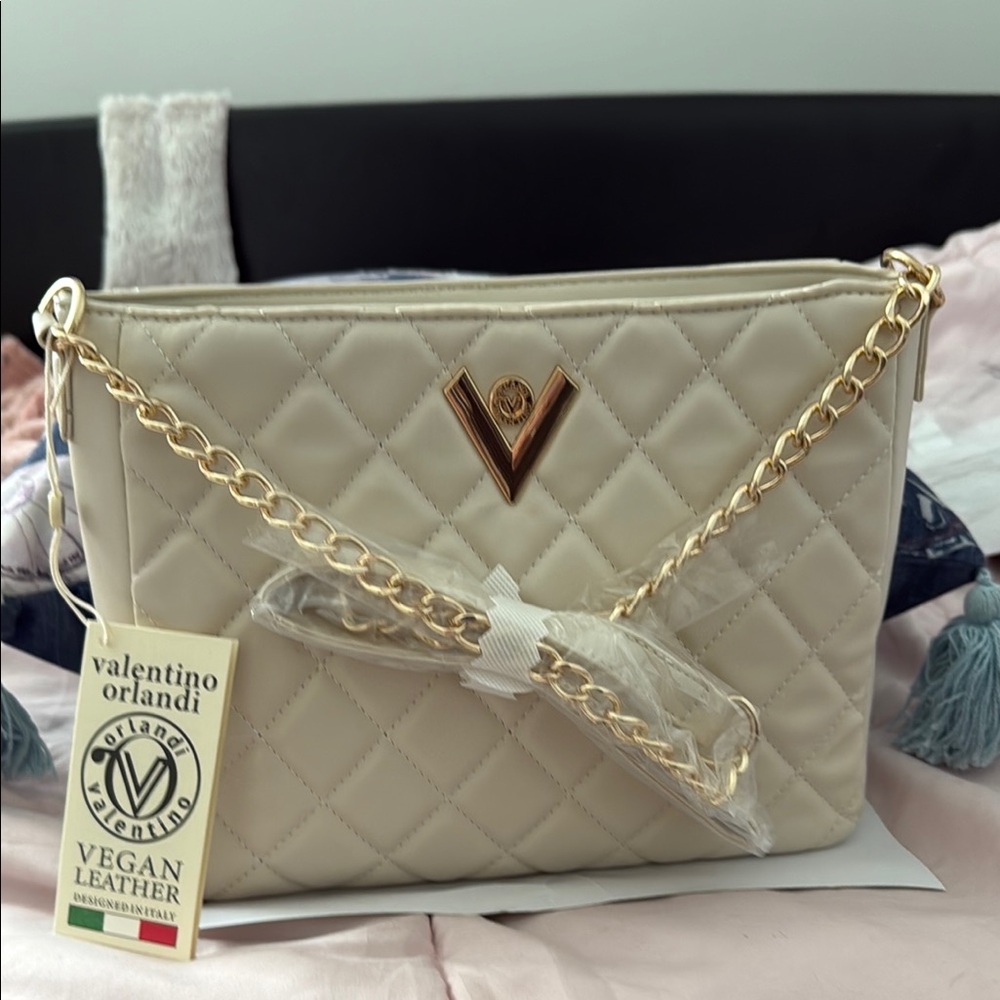 Valentino Orlandi Cream and Gold Quilted Shoulder Bag, Vegan Leather!